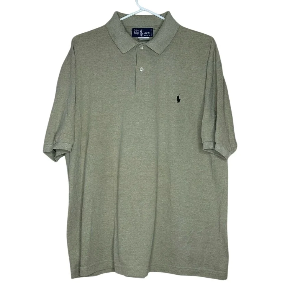Vintage Polo Ralph Lauren Mens Large Tan Green Cotton Pique Polo Shirt USA Made